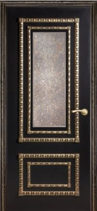 межкомнатная дверь Оникс «Прима» (остекленная двухфиленчатая, черная эмаль золотая патина)