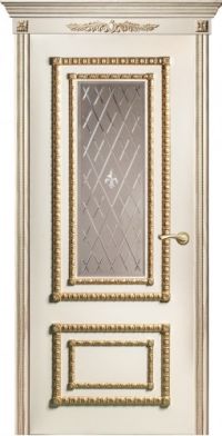 межкомнатная дверь Оникс «Прима» (остекленная двухфиленчатая, белая эмаль золотая патина)